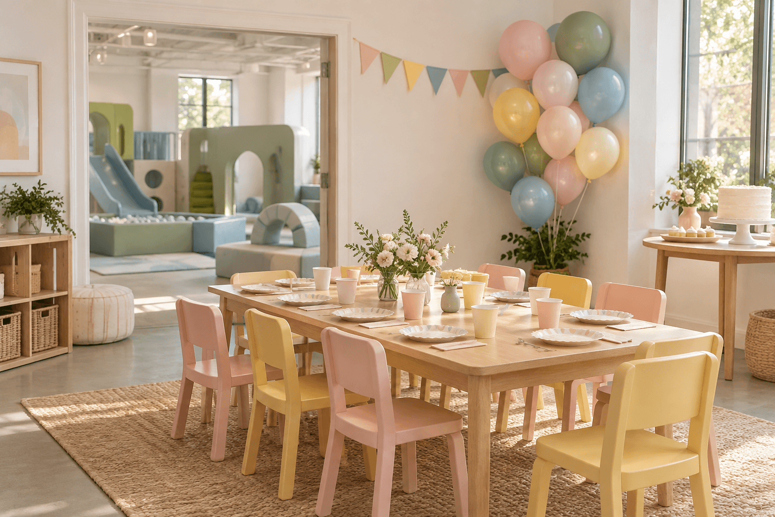 Concept render of a birthday table with pastel chairs, balloons, and a cake in a bright indoor play venue